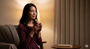 自立神経を休めるために、女性が部屋の中で温かい飲み物を持ち、非常にリラックスした様子の画像。