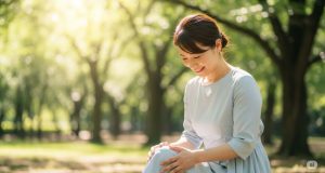 膝痛を克服し、公園で、膝に手を当てて穏やかに微笑む女性の画像
