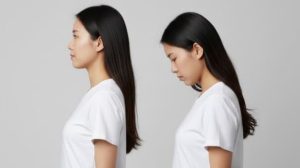 姿勢の良い女性とストレートネックで頭が前に出た姿勢の悪い女性の横からの比較画像