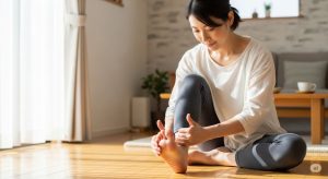 自宅のリビングで床に座り、リラックスした表情で自分の足裏をマッサージしているバーニングフィート症候群に悩む日本人女性。