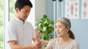 整形外科のリハビリテーション治療を受ける患者と理学療法士