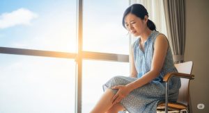 夏の日にリビングでくつろいでいたところ、突然こむら返りの予兆を感じる日本人女性