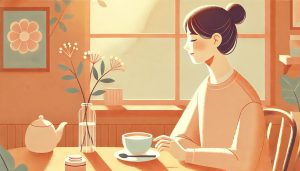 突発性難聴とコーヒー。サンライトの差し込むカフェで、コーヒーを前に思索する女性のイラスト。温かみのある色調で描かれている。