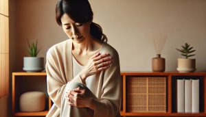 自律神経失調症、関節痛。室内で手首と肘を押さえながら不安そうな表情を浮かべる40代の女性