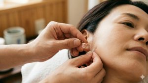 顔面部に鍼治療を受けリラックスした表情の日本人女性患者