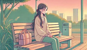 夕暮れの公園で、木製ベンチに一人静かに座る20代後半の女性。感情的に疲れている様子で、物思いにふけっている。
