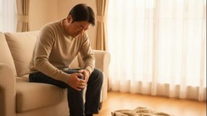 寒い日に古傷である膝の痛みに苦しむ中高年の男性