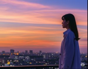 眼精疲労に疲れた女性が、大阪の街並みを背景に、夕暮れの空を見つめる後ろ姿。空はピンクやオレンジ、紫色のグラデーションに染まっている。