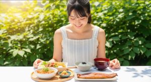 夏の太陽の下で、豚の生姜焼き定食と鰻の蒲焼きを笑顔で見る若い日本人女性。背景には涼しげな緑の葉が配置された画像