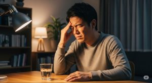 頭痛に苦しみ、こめかみに手を当てて辛そうな男性の画像