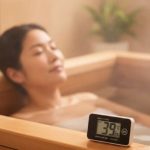 38度から40度のぬるめのお風呂で、リラックスして入浴する様子。湯船の温度計は39度を示している。