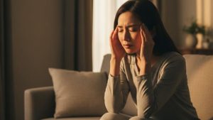 生理前の不調で、辛そうな表情を浮かべる女性。
