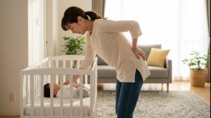 産後の腰痛で、赤ちゃんを抱き上げる際につらそうな表情を浮かべる女性。