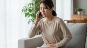 お腹を押さえて苦しそうな表情の日本人女性が電話で相談している様子、過敏性腸症候群の激痛に悩む患者のイメージ