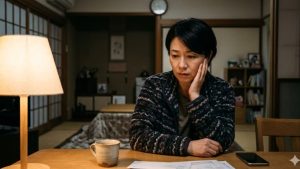 顔面神経麻痺の感染不安を抱える40代日本人女性が夜に一人で顔を触りながら悩む様子