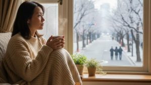 2月の大阪で寒暖差に悩む日本人女性が温かい飲み物を持ちながら窓の外を見つめる様子