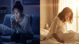 夜遅くまで起きている日本人女性が疲れた表情でスマートフォンを見ている様子と、翌朝ベッドで重い身体を起こせず苦しんでいる様子の対比