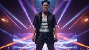 スポットライトを浴びるステージ上で、不安そうな表情を浮かべる若いアジア人男性パフォーマー。華やかなステージの裏側にある心理的重圧を象徴する画像