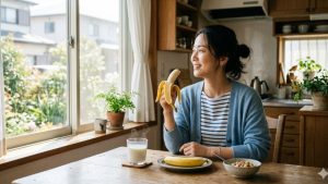 朝の窓辺でバナナを食べる30代日本人女性。温かいミルクと朝日が差し込む穏やかな朝食シーン