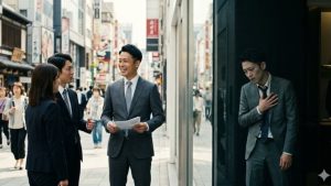 営業の30代日本人男性が笑顔で同僚と話す一方で、窓ガラスの反射には苦しむ表情が映る