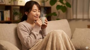ソファで毛布にくるまり、温かい飲み物を飲んでリラックスする女性。パニック障害や自律神経を整えるための「やり過ぎない」日常の疲労ケアのイメージ。