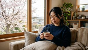 春バテで疲れを感じる40代日本人女性が自宅のソファで温かい飲み物を手に休む様子