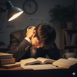 ストレートネックによる勉強中の首の痛みと集中力低下に悩む日本の高校生のクローズアップ。